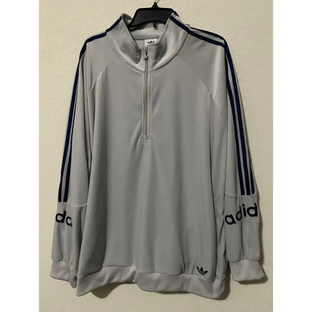 ADIDAS ORIGINALS 90’s ARCHIVE RETRO VELOUR LOGO HALF ZIP GRAY BLUE SWEATSHIRT XL